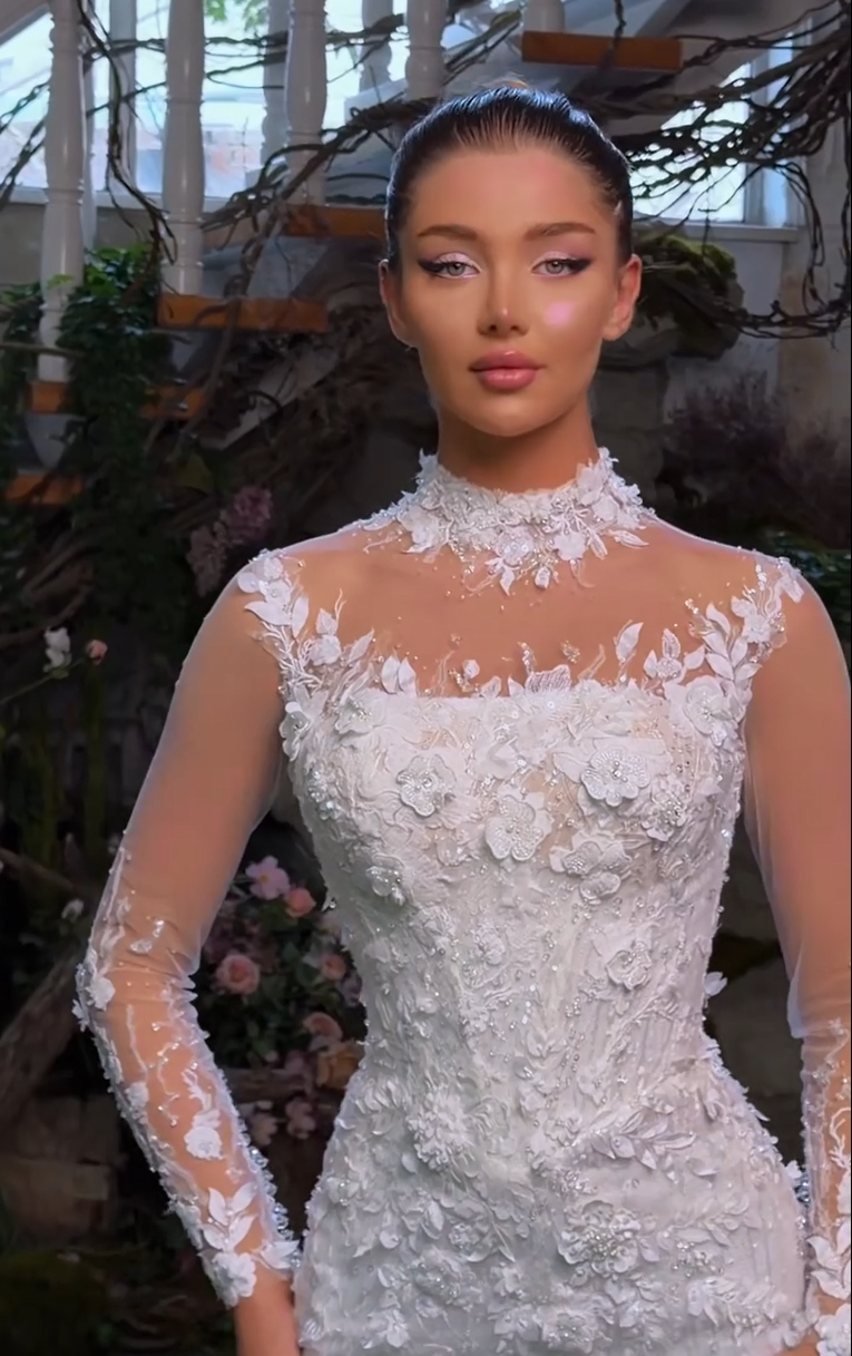 High Neck Lace Mermaid Wedding Dress with 3D Flowers