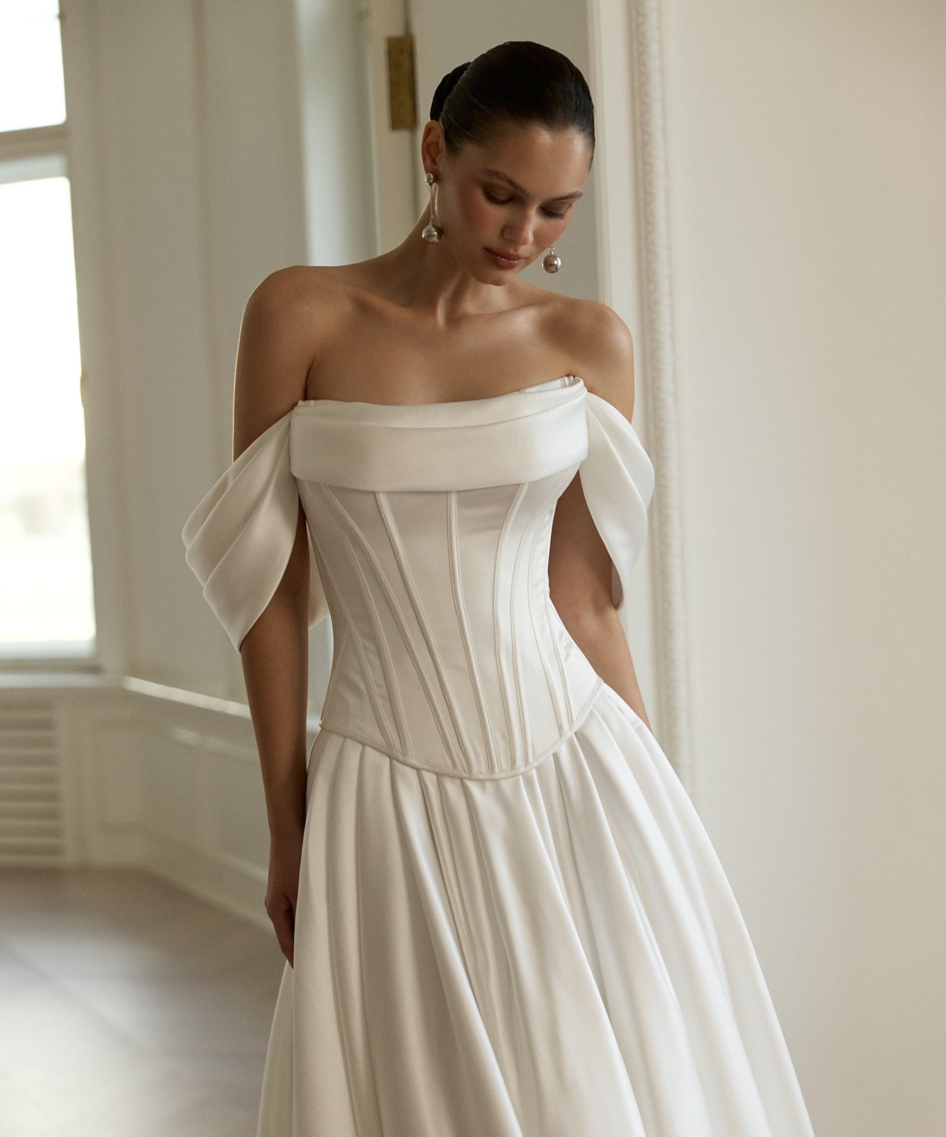 Off-the-Shoulder Corset Satin Wedding Dress