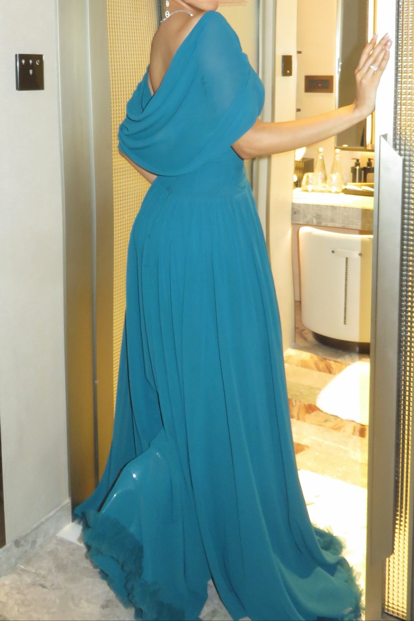 Off-the-Shoulder Pleated Chiffon Evening Gown