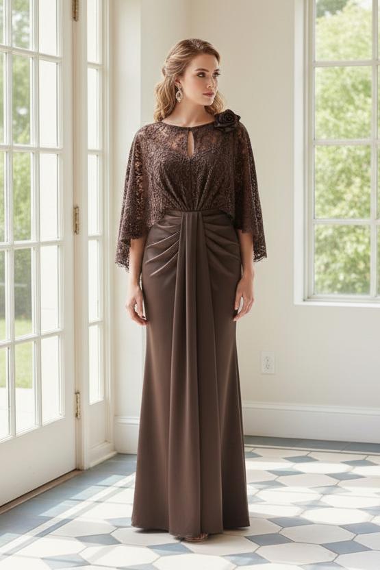 Lace Capelet Gown with Front Drape