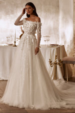 Off-Shoulder Floral Applique Tulle Wedding Gown