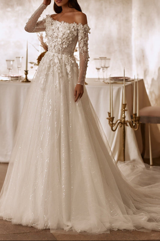 Off-Shoulder Floral Applique Tulle Wedding Gown