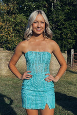 Strapless Lace Corset Mini Dress with Tie Back