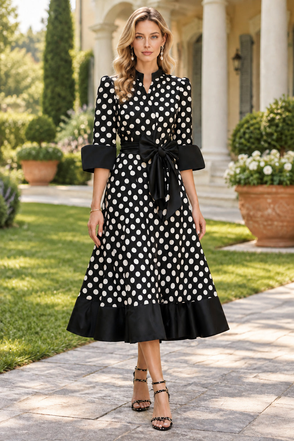 Polka Dot Midi Dress with Bow Belt & Cuffed Sleeves