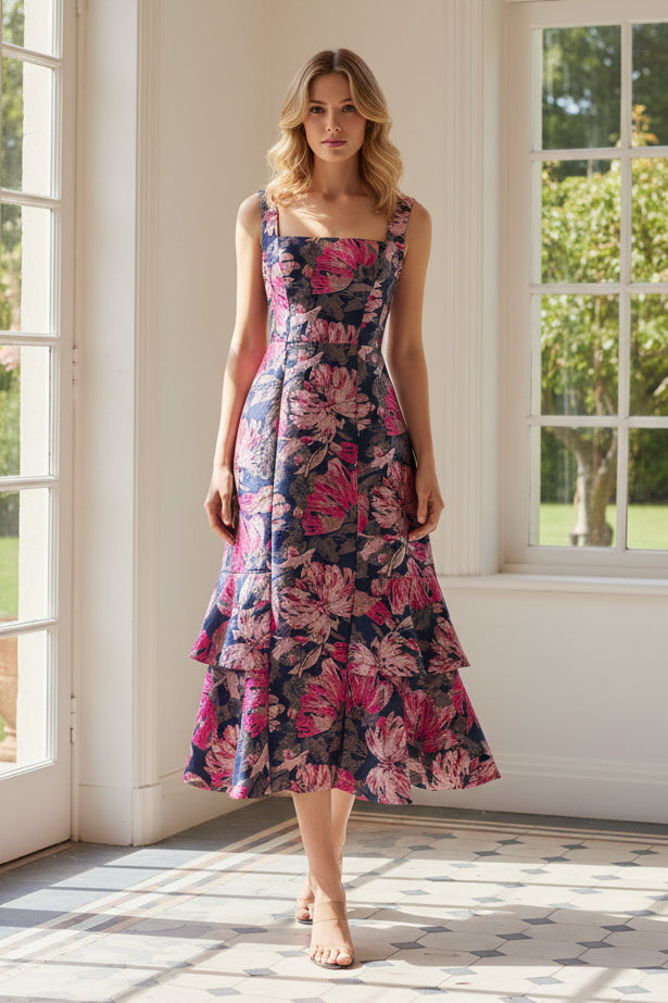Tiered Floral Jacquard Midi Dress
