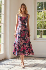 Tiered Floral Jacquard Midi Dress