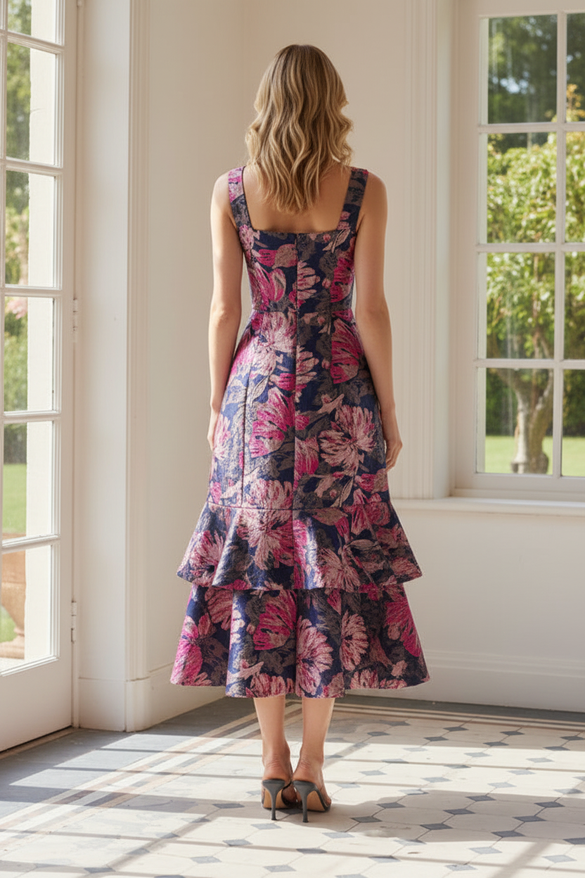 Tiered Floral Jacquard Midi Dress