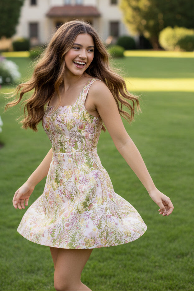 Floral Print Sheath Mini Dress with Square Neckline