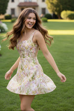 Floral Print Sheath Mini Dress with Square Neckline