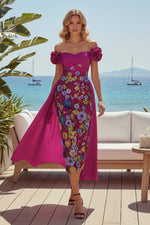 Off-Shoulder Floral Embroidered Tea-Length Dress with Cape
