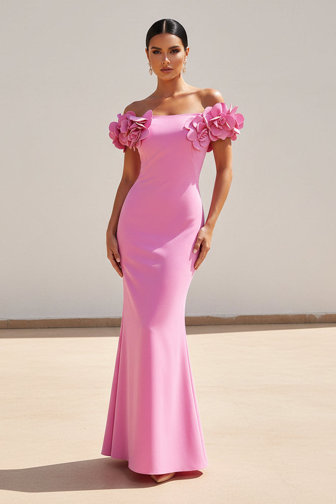 Off-the-Shoulder 3D Floral Applique Evening Gown