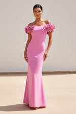 Off-the-Shoulder 3D Floral Applique Evening Gown