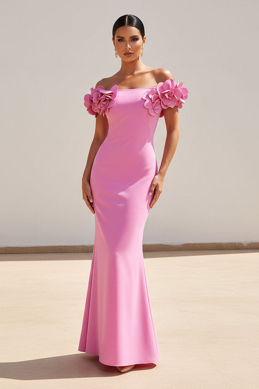 Off-the-Shoulder 3D Floral Applique Evening Gown
