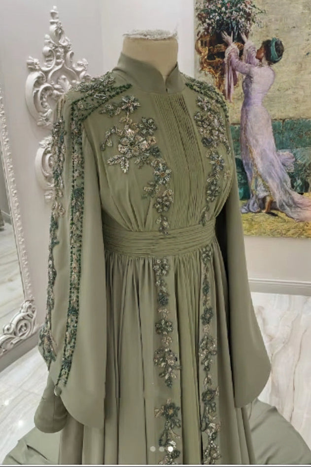 Beaded Floral Cape Sleeve Evening Gown with Train