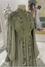 Beaded Floral Cape Sleeve Evening Gown with Train