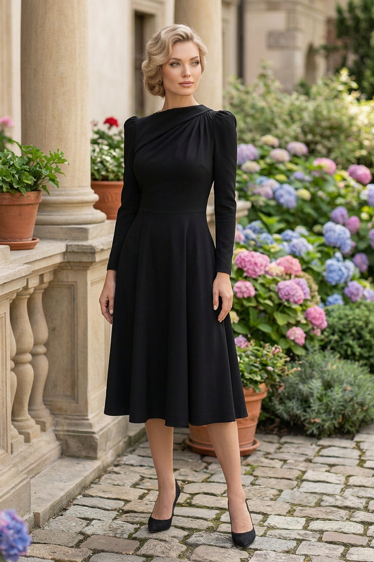 Pleated Asymmetric Neck Midi Dress with Pockets