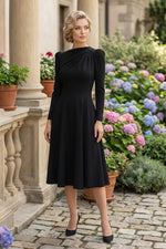 Pleated Asymmetric Neck Midi Dress with Pockets