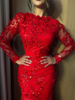 Floral Lace Applique Long Sleeve Mermaid Evening Gown