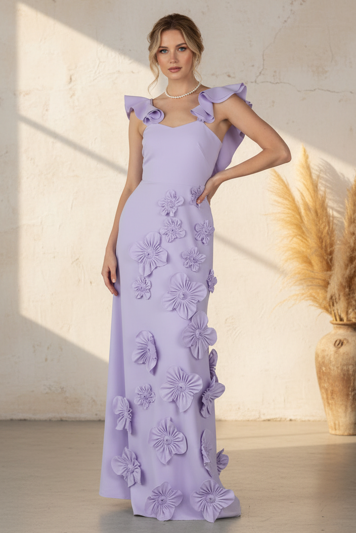 Lavender 3D Floral Sweetheart Ruffle Strap Evening Gown