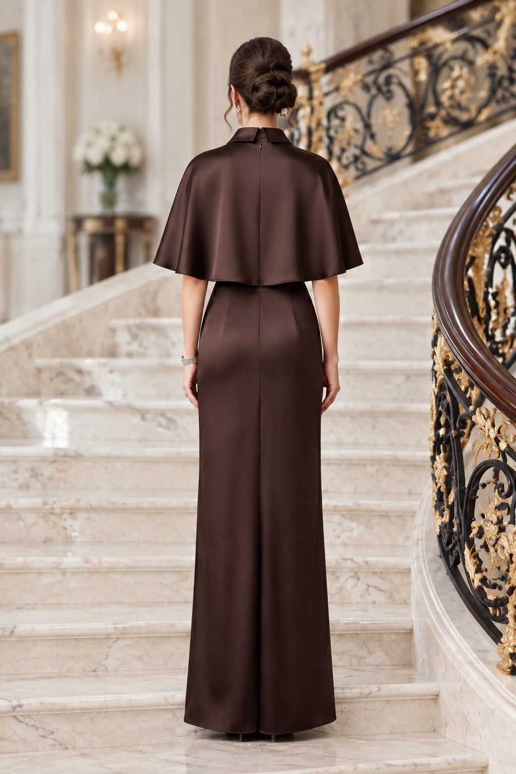 Collared Capelet Column Evening Gown with Keyhole
