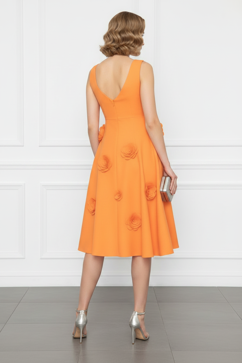 Orange Bateau Neck 3D Floral Midi Dress