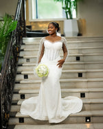 Long Sleeve Pearl Mermaid Wedding Dress with Overskirt
