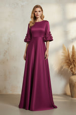 Satin A-Line Evening Gown with 3D Floral Bell Sleeves