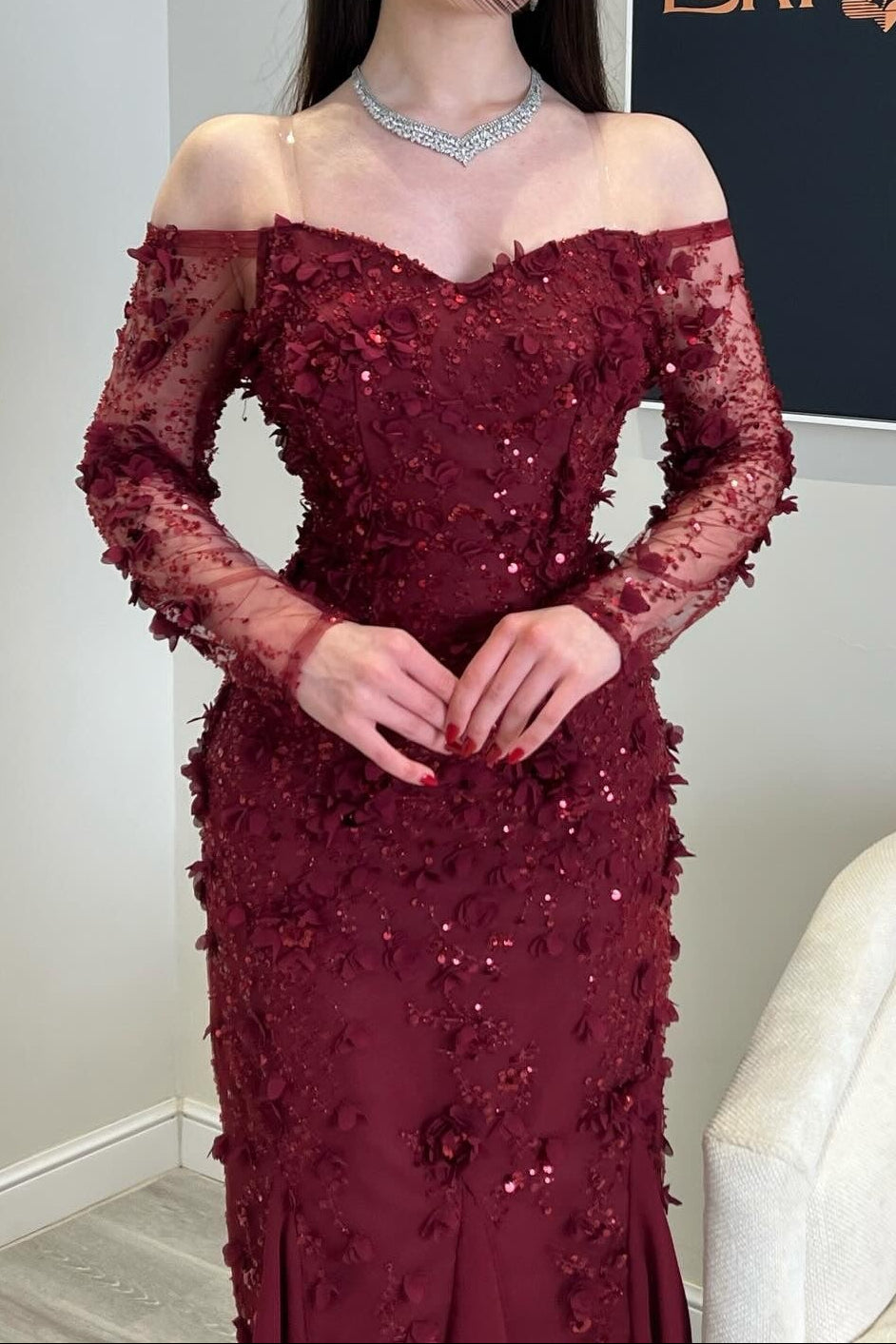 Off-Shoulder Mermaid Gown with 3D Floral Appliques