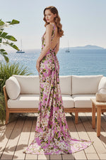 Floral Print Asymmetrical Open-Back Evening Gown