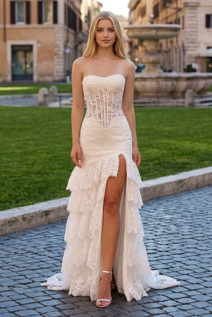 Strapless Lace Corset Tiered Slit Gown