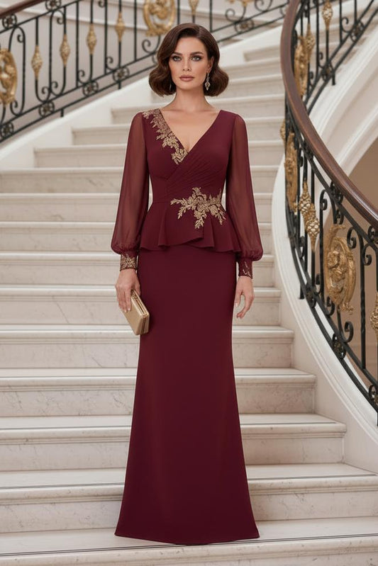 Embroidered Peplum Evening Gown with Long Sleeves