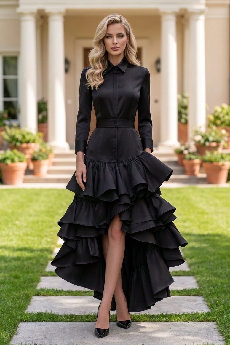 Tiered Ruffle High-Low Shirt Dress with Waistband
