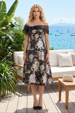 Floral Brocade Midi Dress with Sheer Bow Wrap