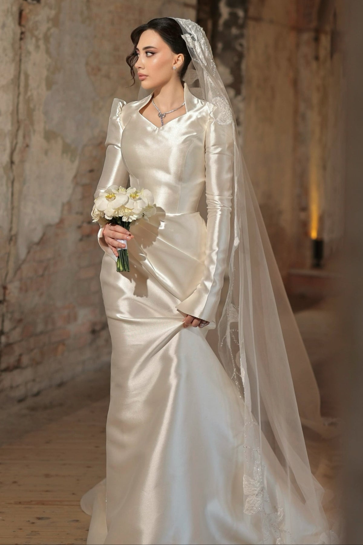 Long Sleeve Satin Wedding Dress with Stand Collar