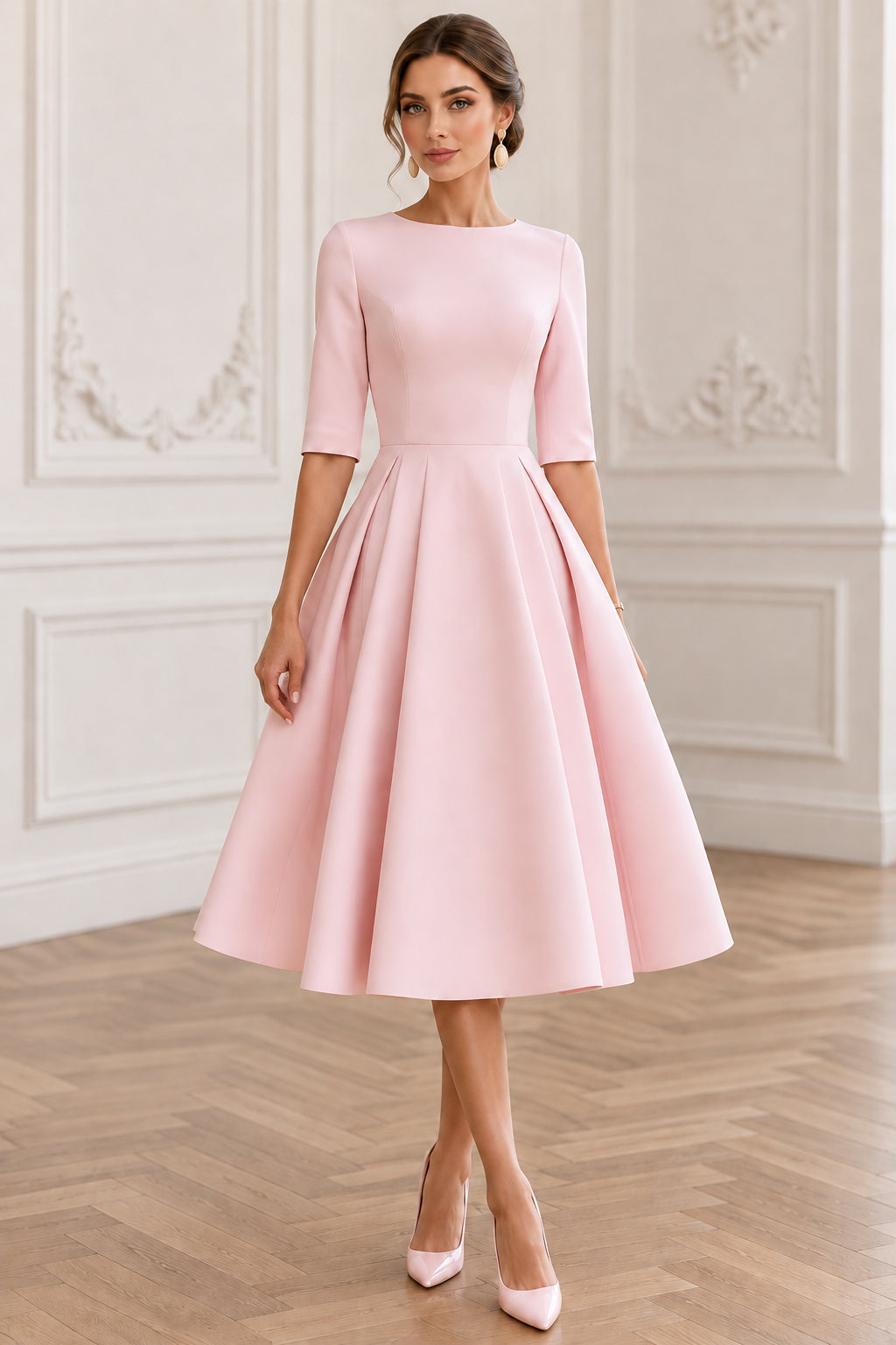Pleated Midi Dress with Half Sleeves