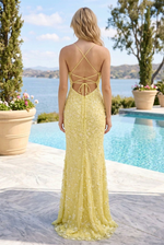 Floral Sequin Bow Front Gown with High Slit