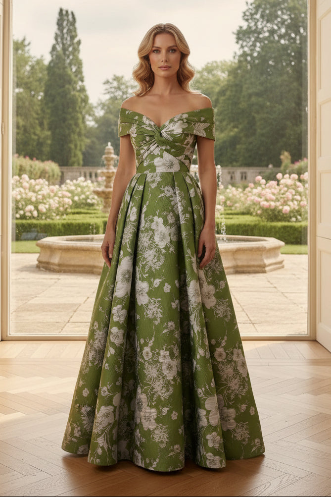 Floral Jacquard Off-the-Shoulder A-Line Evening Gown