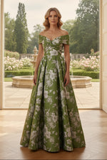 Floral Jacquard Off-the-Shoulder A-Line Evening Gown