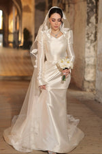 Long Sleeve Satin Wedding Dress with Stand Collar