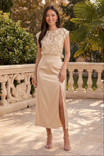 3D Floral Applique Midi Dress with Slit