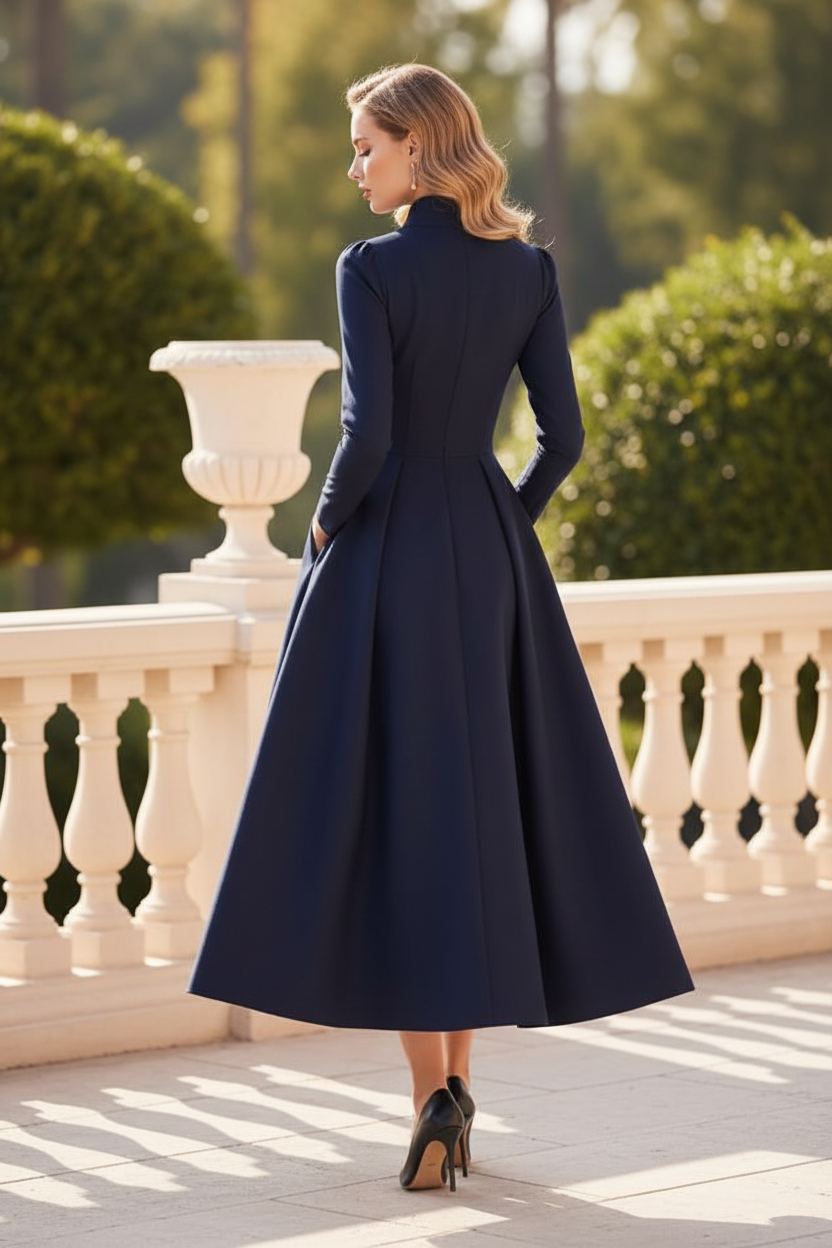 Collared V-Neck Pleated A-Line Midi Dress