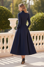 Collared V-Neck Pleated A-Line Midi Dress