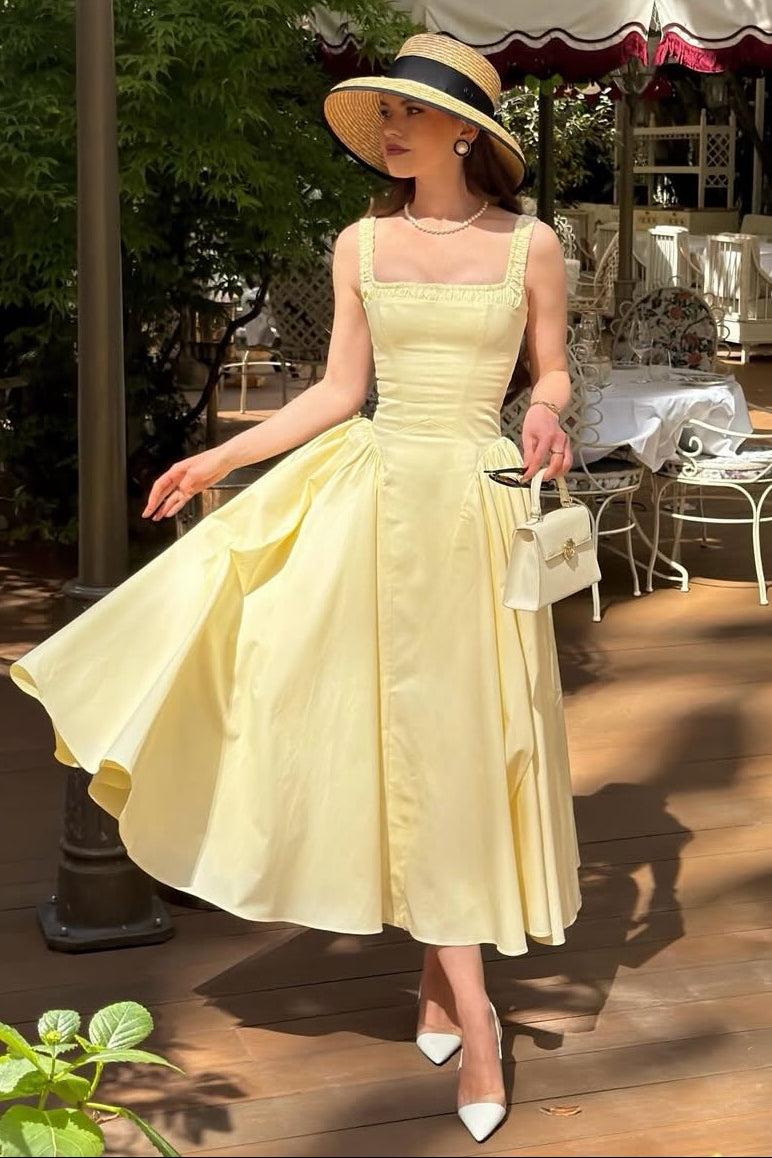 Square Neck Midi A-Line Dress with Ruched Straps