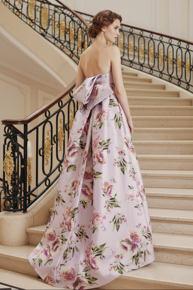 Strapless Floral Gown with Oversized Back Bow