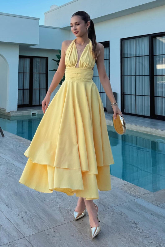Deep V-Neck Halter Backless Tiered Midi Dress