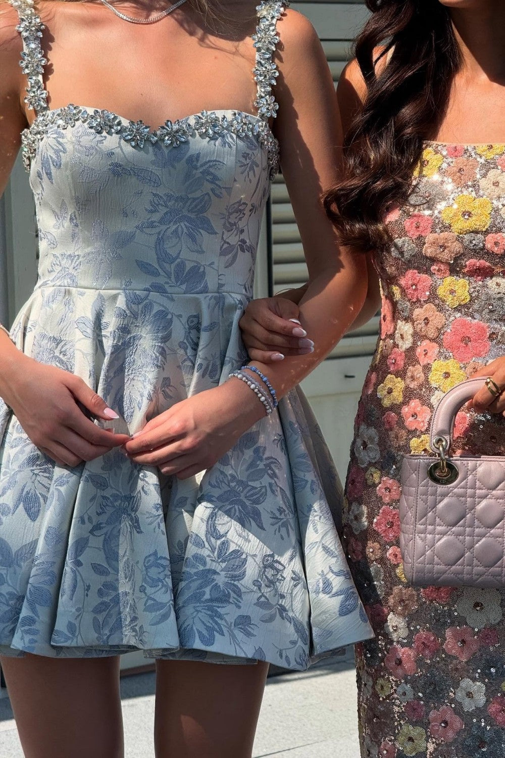 Floral Jacquard A-Line Mini Dress with Crystal Straps