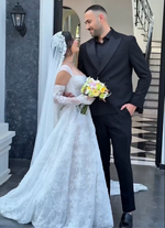 Square Neck Lace Corset Ball Gown Wedding Dress
