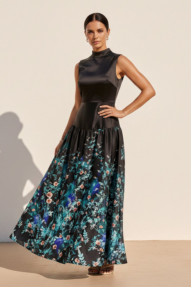 High Neck Floral Print Maxi Dress with Satin Bodice