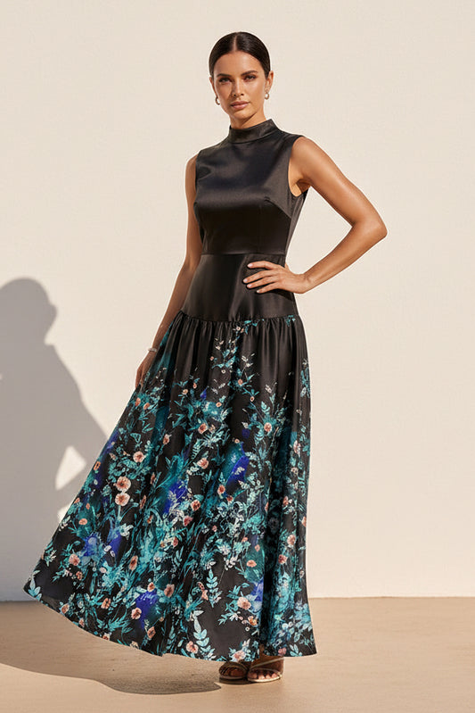 High Neck Floral Print Maxi Dress with Satin Bodice