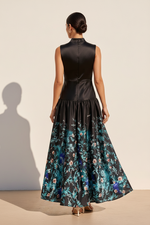 High Neck Floral Print Maxi Dress with Satin Bodice